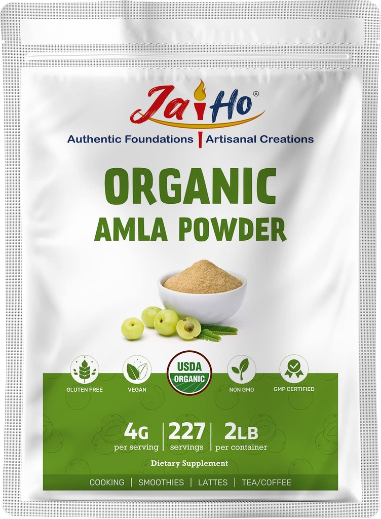 Jai Ho Organic Amla Berry Powder (Amalaki), 2 LB - Bohatá na antioxidační vitamín C 124; Podporuje ImmunityGluten Free, Vegan, Non- GMO - Resealable Zip Lock Pouch