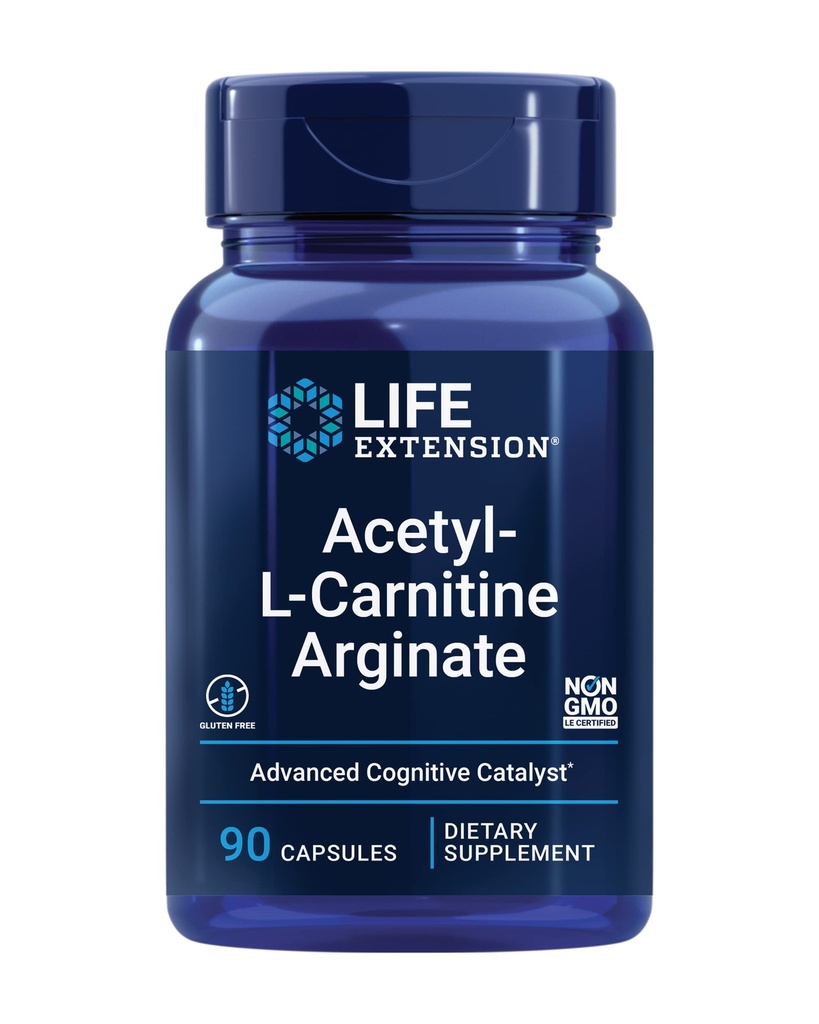 Life Extension Acetyl- L- Carnitin Arginate, Advanced Brain & Nerve Health, Cellular Energy Support, Gluten- Free, Non- GMO, 90 Kapsle