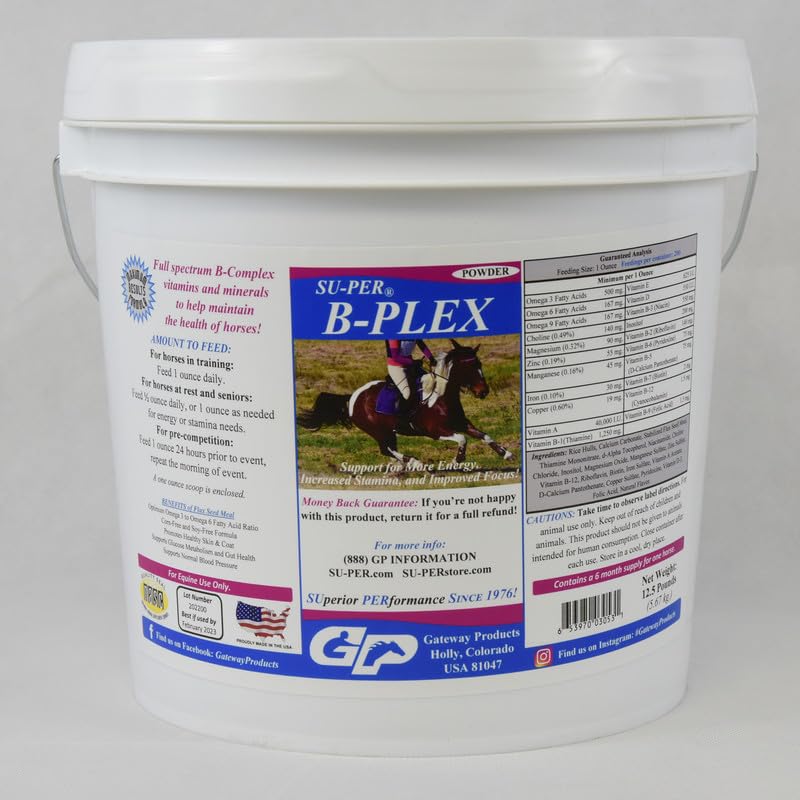 SU-PER B-Plex Powder Equine Vitamíny - Kompletní B-Complex Horse Vitamíny a Minerály Doplněk - Zdravé Hooves, Red Blood Cells, Koňské Calming Powder - 12.5 Pounds, 6 Měsíční zásoba (180 dní)