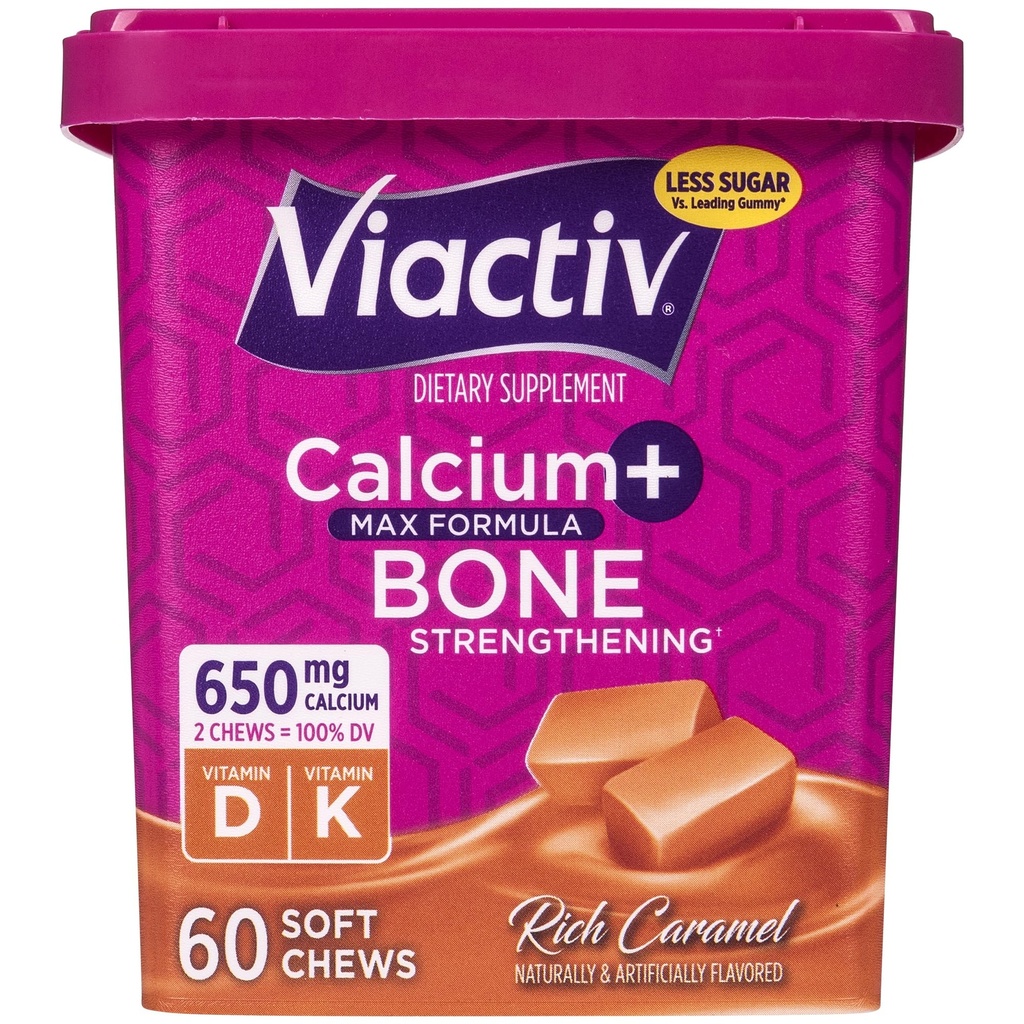 Viactiv vápník + vitamin D dodatek měkké Chews pro ženy a muže - Žvýkací vápník pro podporu zdraví kostí, 650 mg na porci, Vitamin D & K pro vysokou absorpci - 60 Počet, Karamel