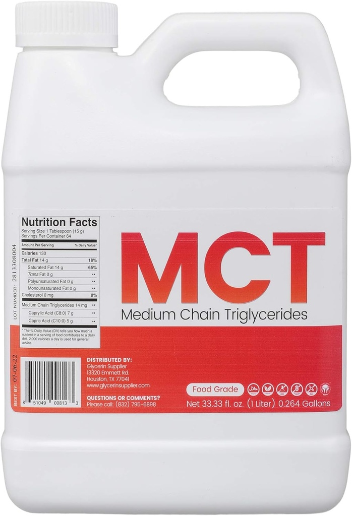Glycerin Dodavatel MCT Oil - 1 litr (33.33 Oz.) Potraviny stupeň - non GMO - Halal - Vegan - Udržitelný Palm Derived - pro tinktury, sportovní výživu, Keto nebo Paleo Diet, Čistá energie
