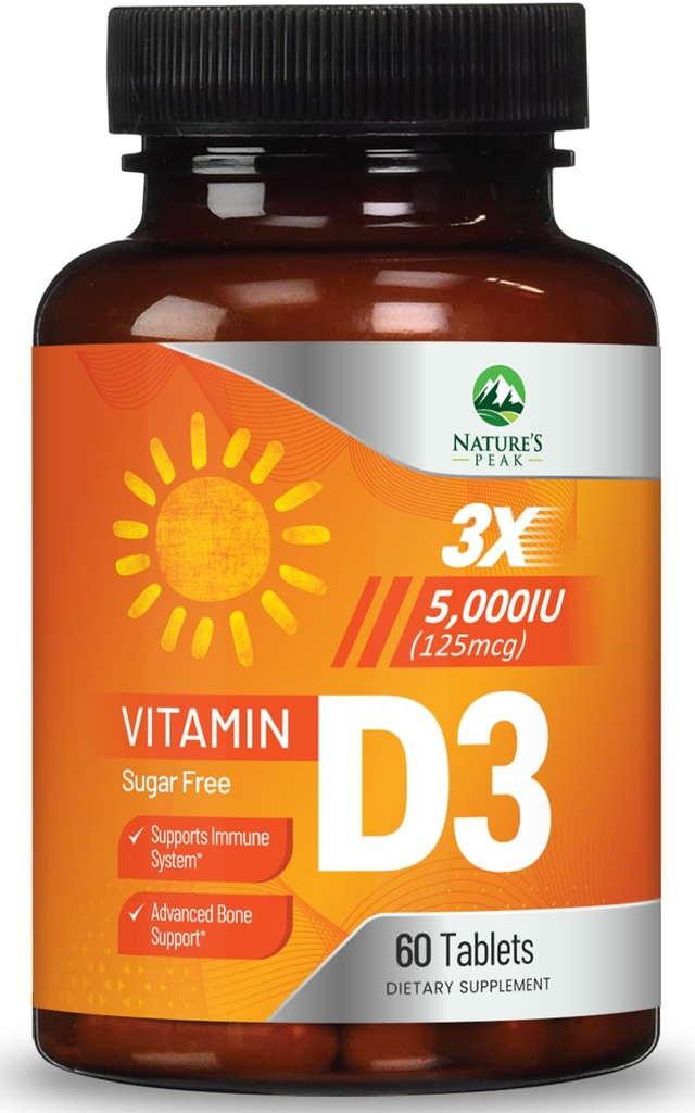 Vitamin D3 5000iu (125 mcg) Imunitní podpora zdraví - Vysoká potence vitamín D Dietní dodatek pro kosti, zuby, svaly - Příroda je VIT D, Vegan, gluten zdarma, Malina Flavor - 60 Žvýkací tablety
