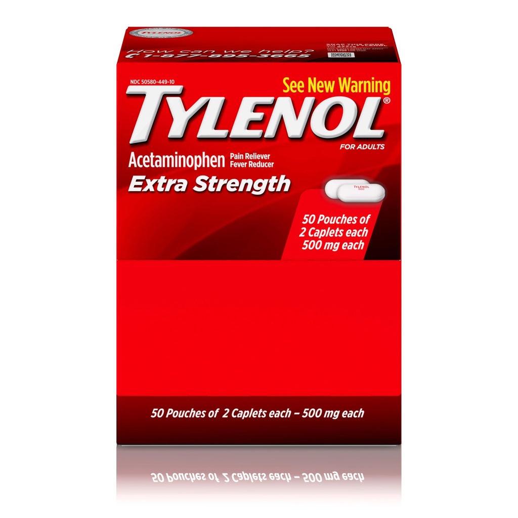 Tylenol Extra Strength Acetaminophen Caplets, 500 mg, Reliéf bolesti a horečka Reducer pro bolest hlavy, bolesti zad, bolesti zubů, menstruační křeče & bolest, Cestovatelný obal, 2- Caplet Pouches, 50 Počet