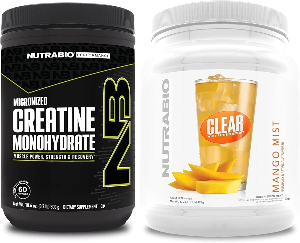 NutraBio Creatine Monohydrát, Neochucené, (300 g) a jasné syrovátkové bílkoviny izolát, (Mango Mist) Doplněk Bundle - Svalová energie, Maximální růst, zotavení, a síla