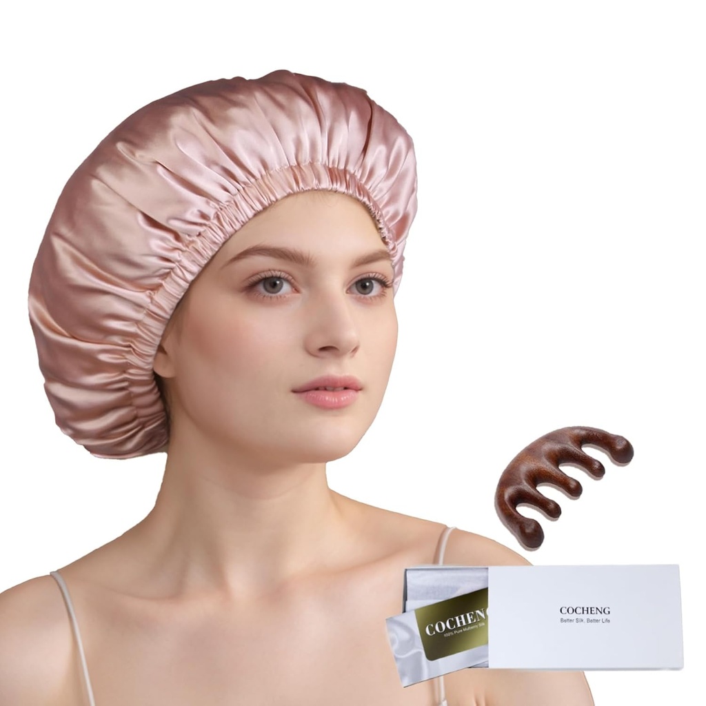 100% Mulberry Silk Bonnet pro spící ženy Dlouhé vlasy - Double Layer Sleep Cap - Silk Sleep Bonnet s elastický pobyt na hlavě (růžové, velké)