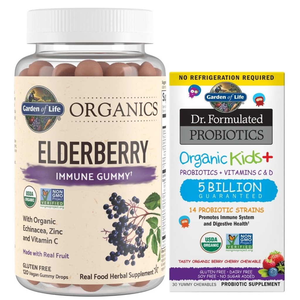 Zahrada života Organics Elderberry Gummies pro dospělé a děti - Imunitní Supplement & Dr. Perceated Probiotics Organic Kids + Plus Vitamin C & D - Berry Cherry