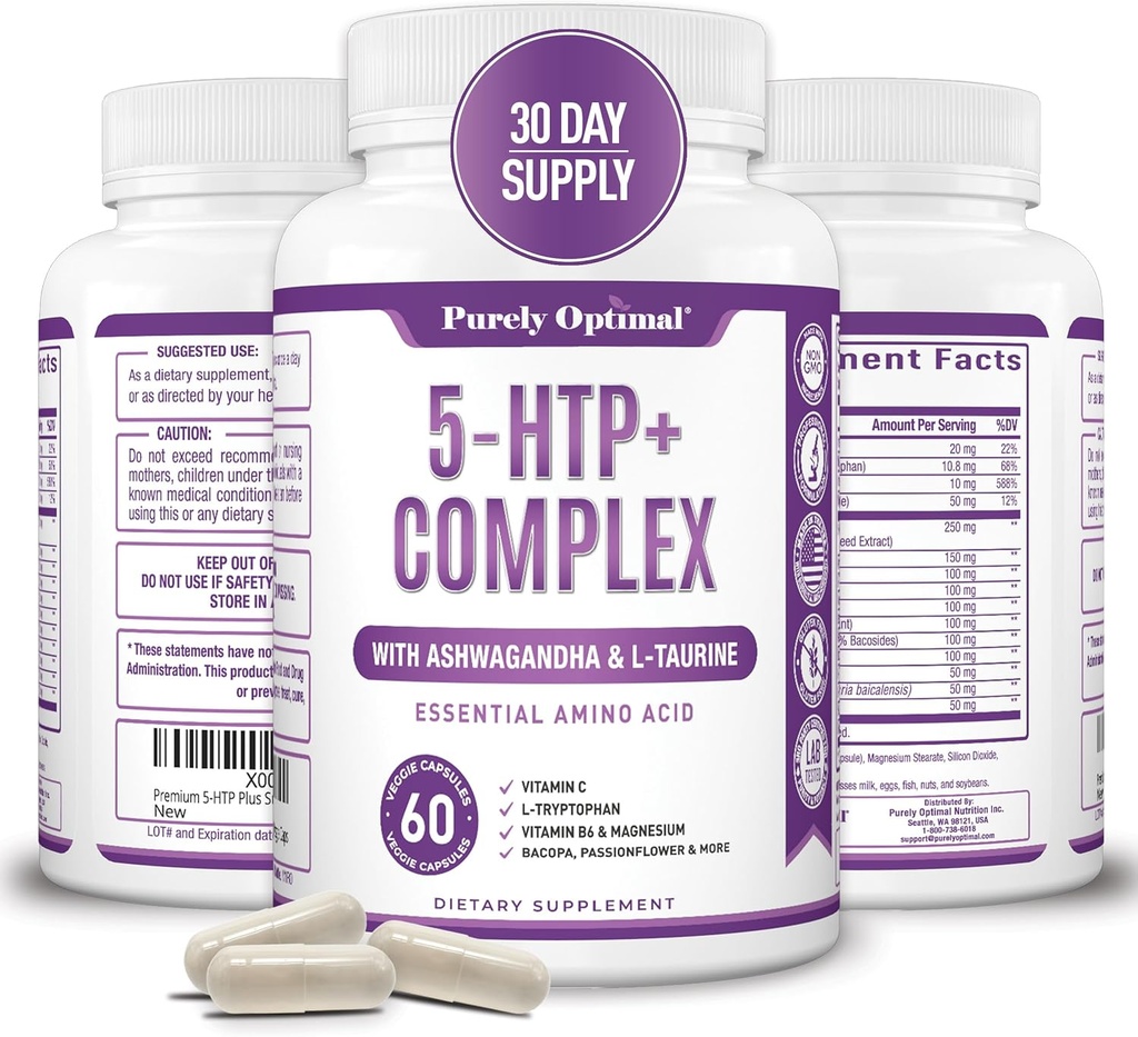 Premium 5-HTP Plus doplněk 250mg Maximální síla - Spánková pomůcka, Mood Boost, Promotes klid a relaxace, Podpora řízení stresu - Vylepšená s vitamínem B6, Lepek zdarma, Non- GMO, 60 Veggie Caps