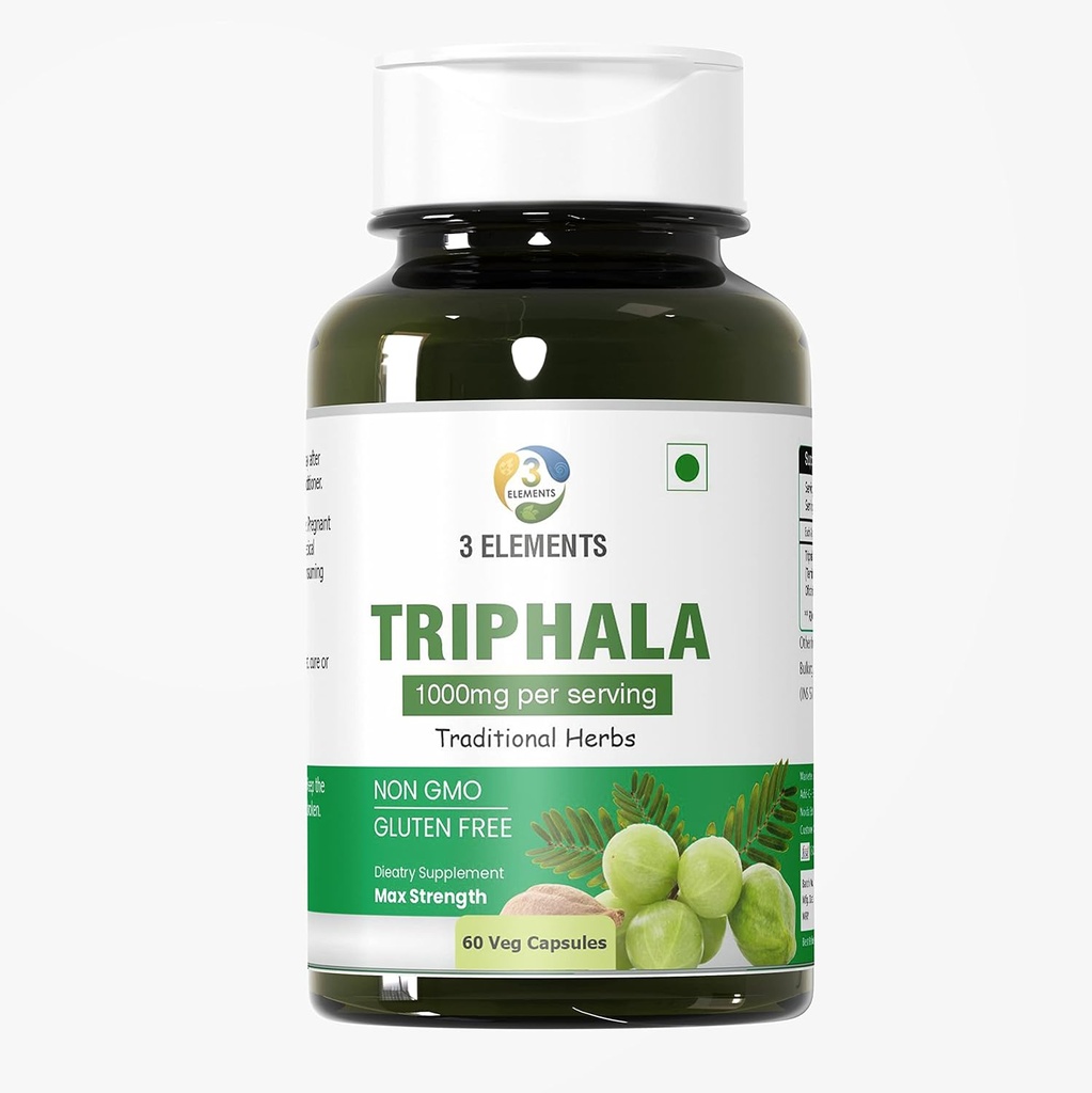 3elements Triphala 1000mg I 60 Kapsle pro denní detoxikaci, očištění, a omlazení, Digestion & Colon podpora, Imunitní systém podpora, Adaptogen, Nutrient Dense, Vegan, gluten- free