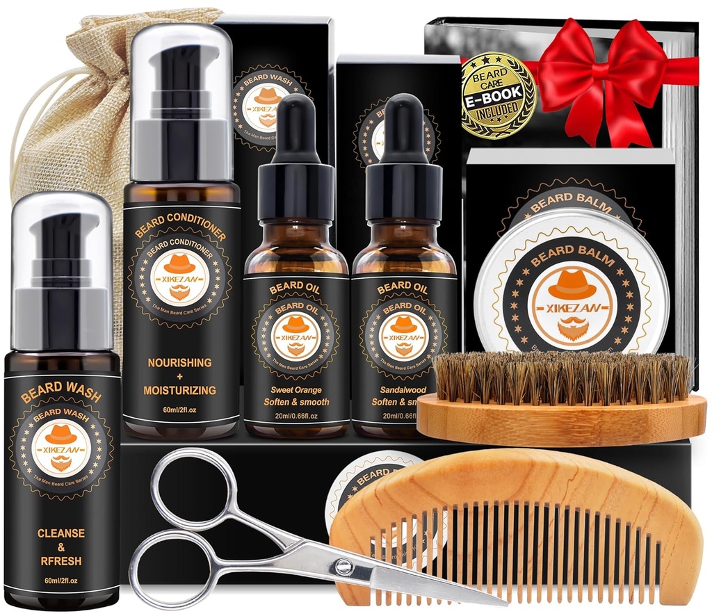 XIKEZAN Beard Kit pro muže Grooming & Care w / Beard Conditioner, Wash, Oil, Balm, Brush, Comb, Narozeniny Otcové Valentines dárky pro muže Ho Otec Přítel vánoční dárky Mens Stocking Stuffers