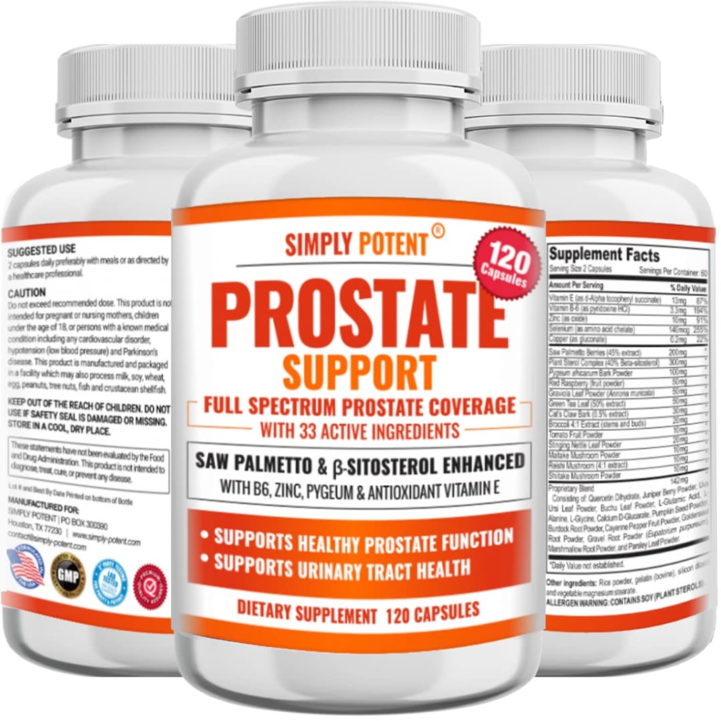 Prostatní doplňky pro muže (120 kapslí), Saw Palmetto Prostate Health Support - 33 Vitamíny & Byliny - Beta Sitosterol Plus B6, Selen & Zinek pro zdravé močení Frekvence & Flow & Správný spánek