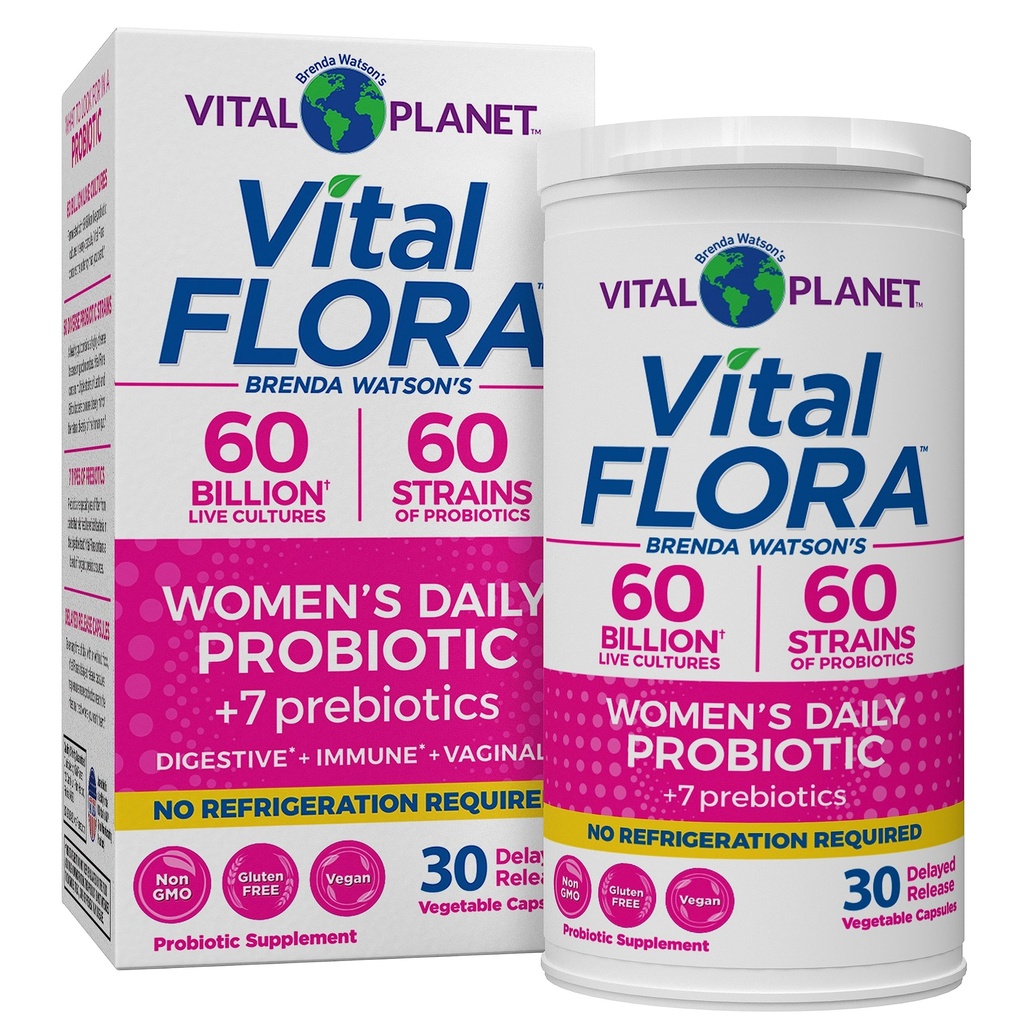 Vital Planet - Vital Flora Probiotika pro ženy 60 miliard CFU, Diverse Strains, Daily Shell Stable Probiotic s organickými prebiotiky, pro Vaginální podporu, imunitní a stravitelné zdraví 30 Kapsle