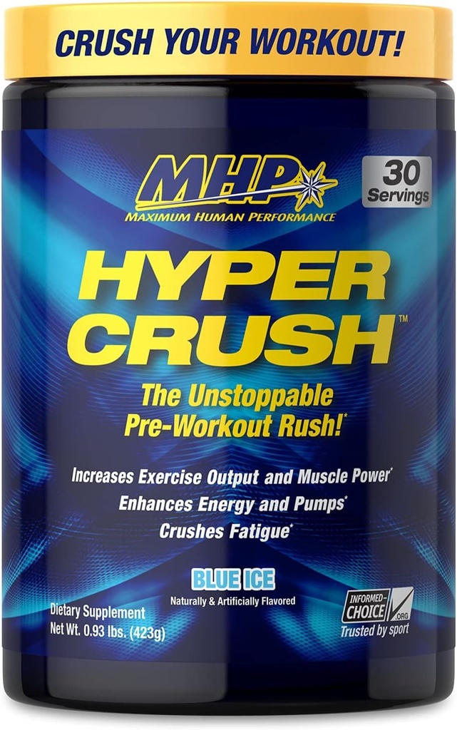 Maximální lidský výkon MHP HYPER CRUSH Pre Workout energetický nápoj kreatin beta alanin oxid dusnatý čerpadlo citrulin AKG 30 Doručování, Blue Ice, 14.88 Ounce