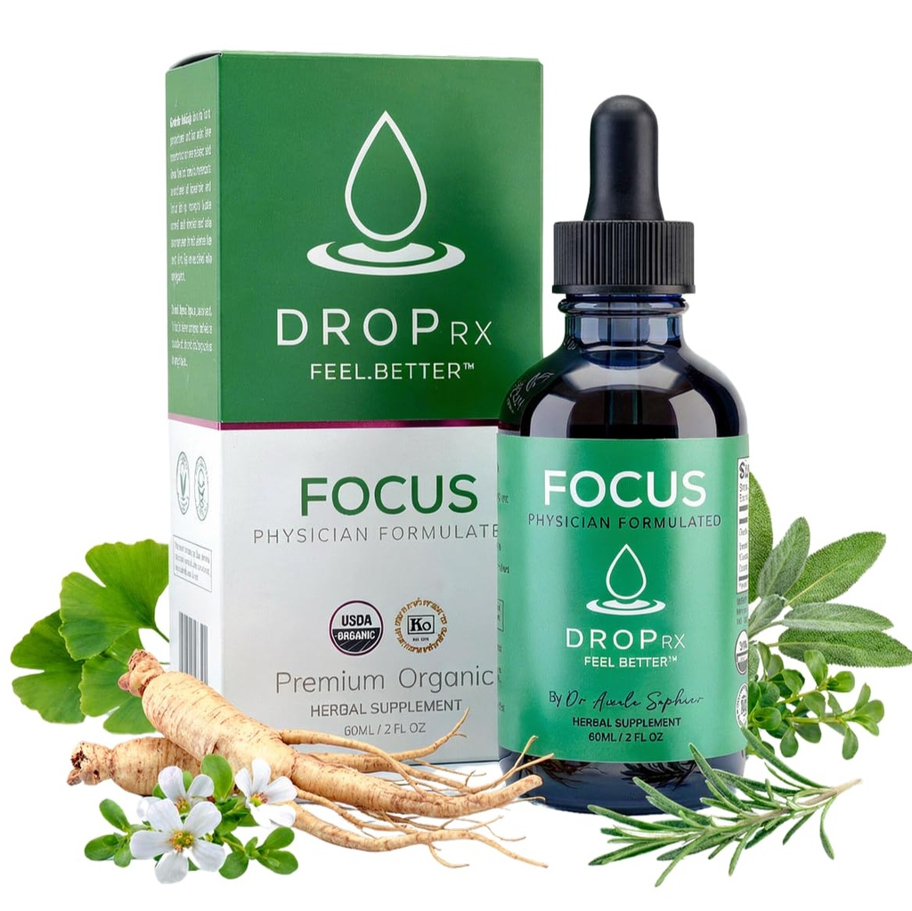 DropRx Focus by Dr. Nicole Saphier - Ginkgo Biloba & Ginseng, Bacopa, Rosemary & Sage for Memory Improvement and Brain Focus - Organic, Non- GMO, Vegan, Gluten- Free, Kosher, Made in USA (2 Fl Oz)