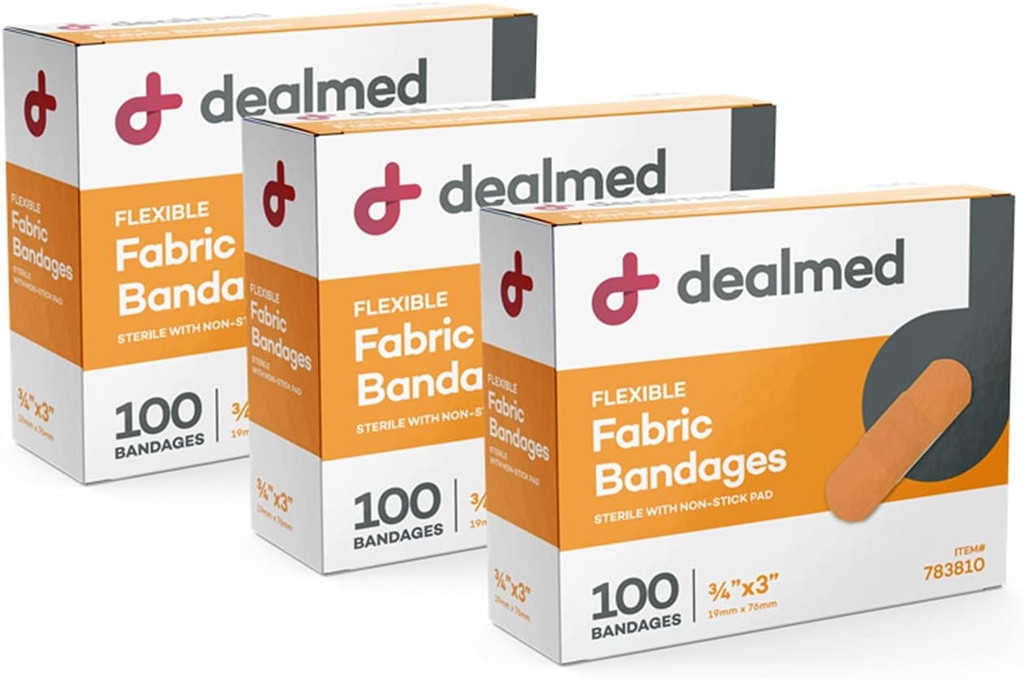 Dealmed Fabric Flexible Adhesive Obvazy - 100 hrabě (3 balení) Obvazy s non-Stick Pad, Latex Free, Wound Care for First Aid Kit, 3 "x 3 / 4"