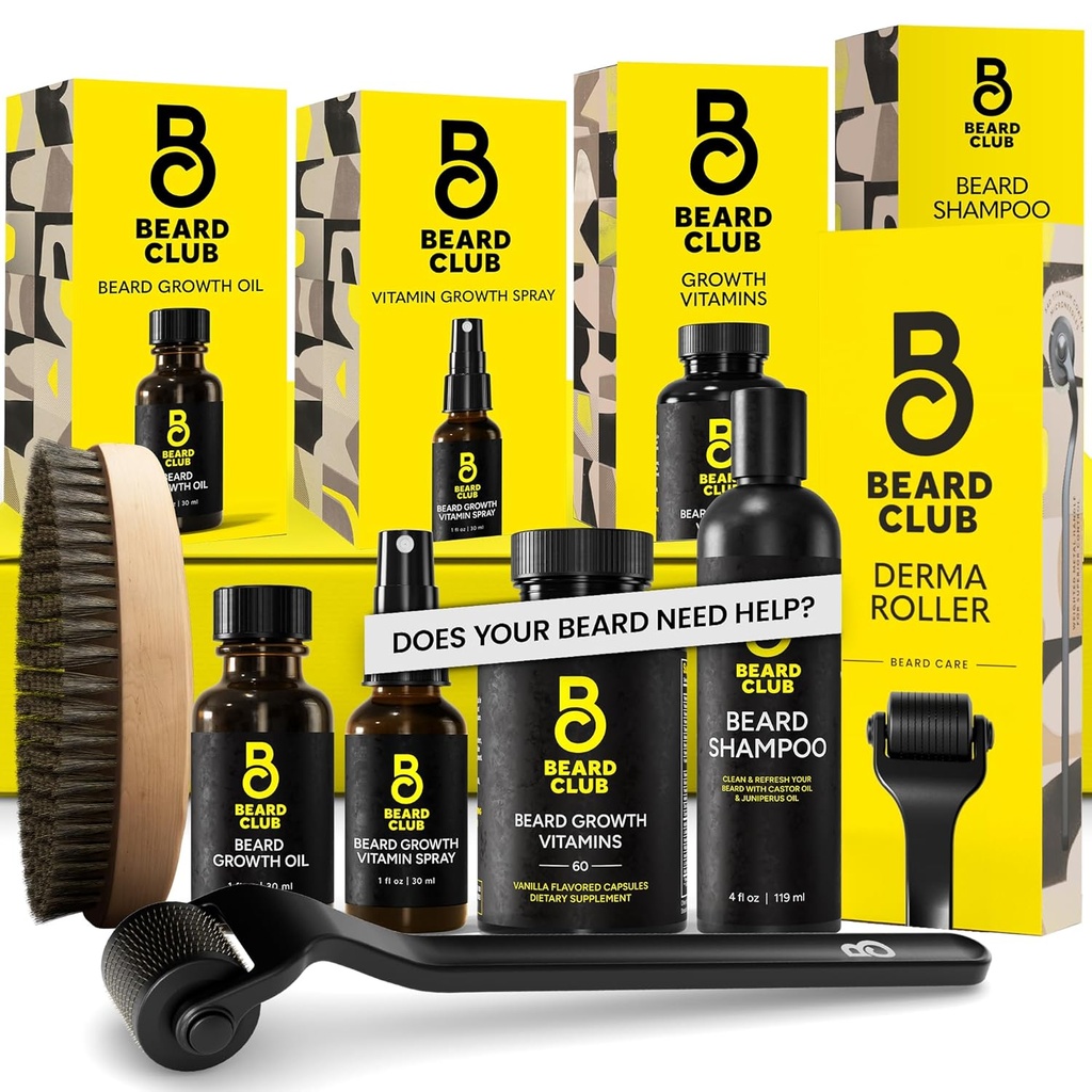 The Beard Club Advanced Beard Growth Kit - Derma Roller, Growth Oil, Vitamíny a vitaminový sprej, Šampon a Boar Bristle Brush - Dárková sada - Cedar