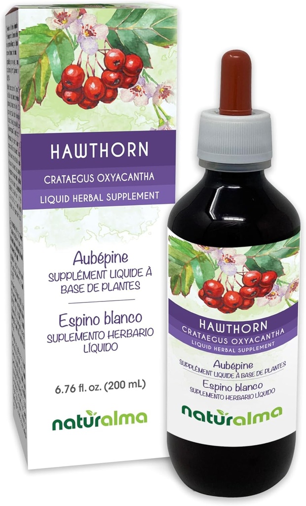 Naturalma Hawthorn (Crataegus oxyacantha) Listová a květinová alkoholická tinktura - 6.76 fl oz Liquid Extract in Drops - Bylinný dodatek - Vegan