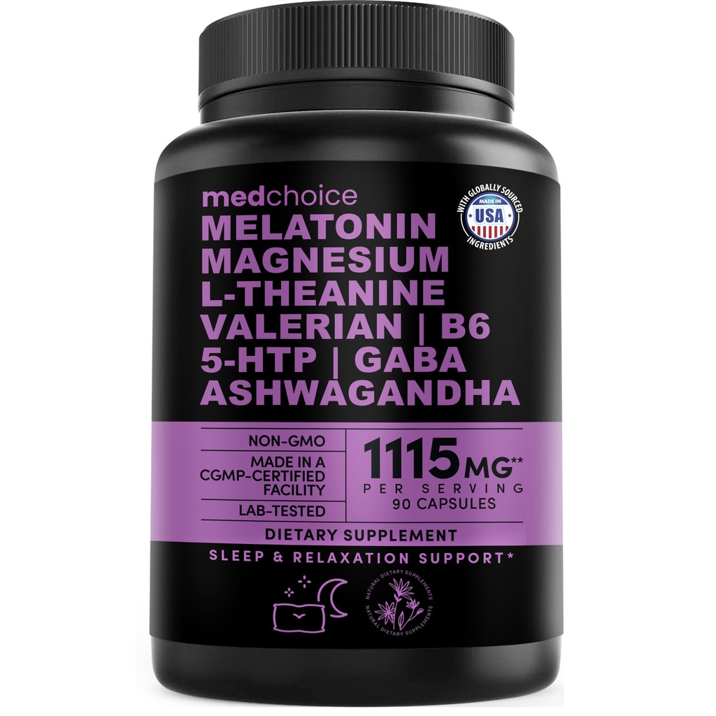 12- in-1 Melatonin Spánkové kapsle - Přírodní spánkové pomůcky pro dospělé s melatoninem 5 mg a Glycinátem hořčíku 500 mg, Spací pomůcka s Ashwagandhou, L Theanine, Valerian Root, GABA, 5- HTP (90ct, balení po 1)