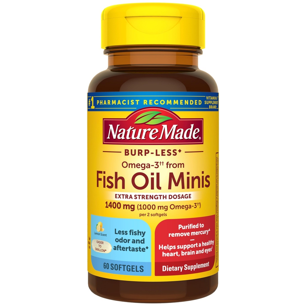 Nature Made Extra Strength Burp méně Fish Oil Omega 3 doplňky 1400 mg Minis, Omega 3 Rybí olej jako Ethylestery pro zdravé srdce Brain Eyes Support, 60 Softgels, 30 Den Dodávka