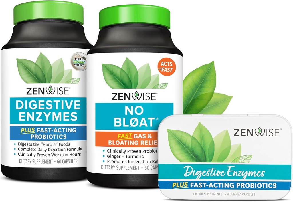 Zenwise Health Bliss Bundle Digestive Enzymes + No Bloat + Free Travel Tin - pre and Post Meal Digestive Routine s enzymy a probiotika pro Digestion