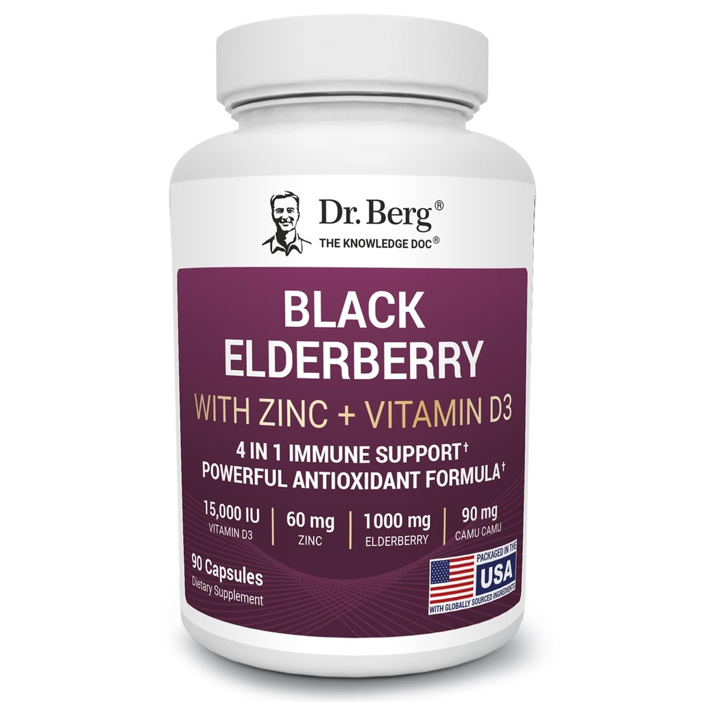 Dr. Berg Black Elderberry Kapsle (Advanced Immunication Support *) s 15 000 IU vitaminu D, 60 mg zinku, a 90 mg Camu Camu - (4- in-1) Sambucus Elderberry Immunication Supplement - 90 Kapsle