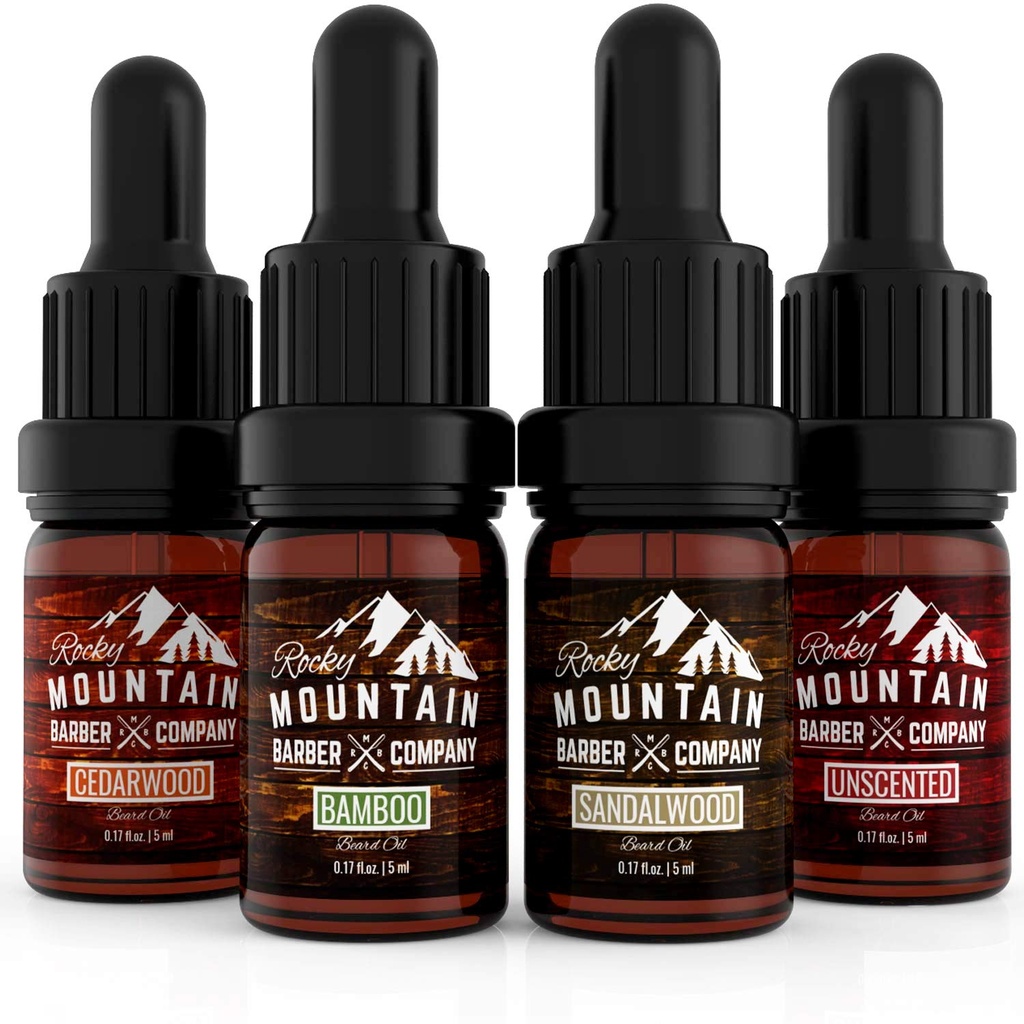 Rocky Mountain Barber Company Beard Oil Sample Size Pack - 4 Unique Beard Oil Varieties (0,17 oz each) - Cedarwood, Sandalwood, Bamboo & Unvoiced - Obsahuje esenciální oleje