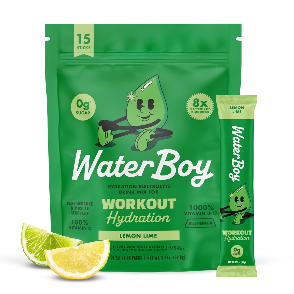 Waterboy cvičení Hydratace 124; 2,960mg Sugar Free Electrolyte Powder Packets 124; L- glutamin + Vitamíny 124; No Sugar, All Natural, Gluten Free 124; 15 Drink Stick Mixes (Lemon Lime)