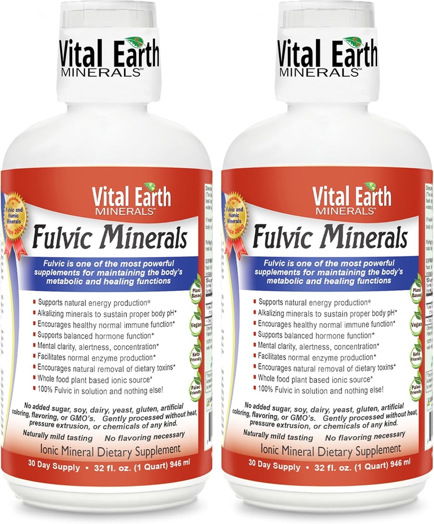 Vital Earth Minerály Fulvic Minerály Liquid - Fulvic Acid Dodatek s 70 + Stopy Minerály, Elektrolyty pro energii a vitalitu, 32 Oz Ea + 1 Oz Cup