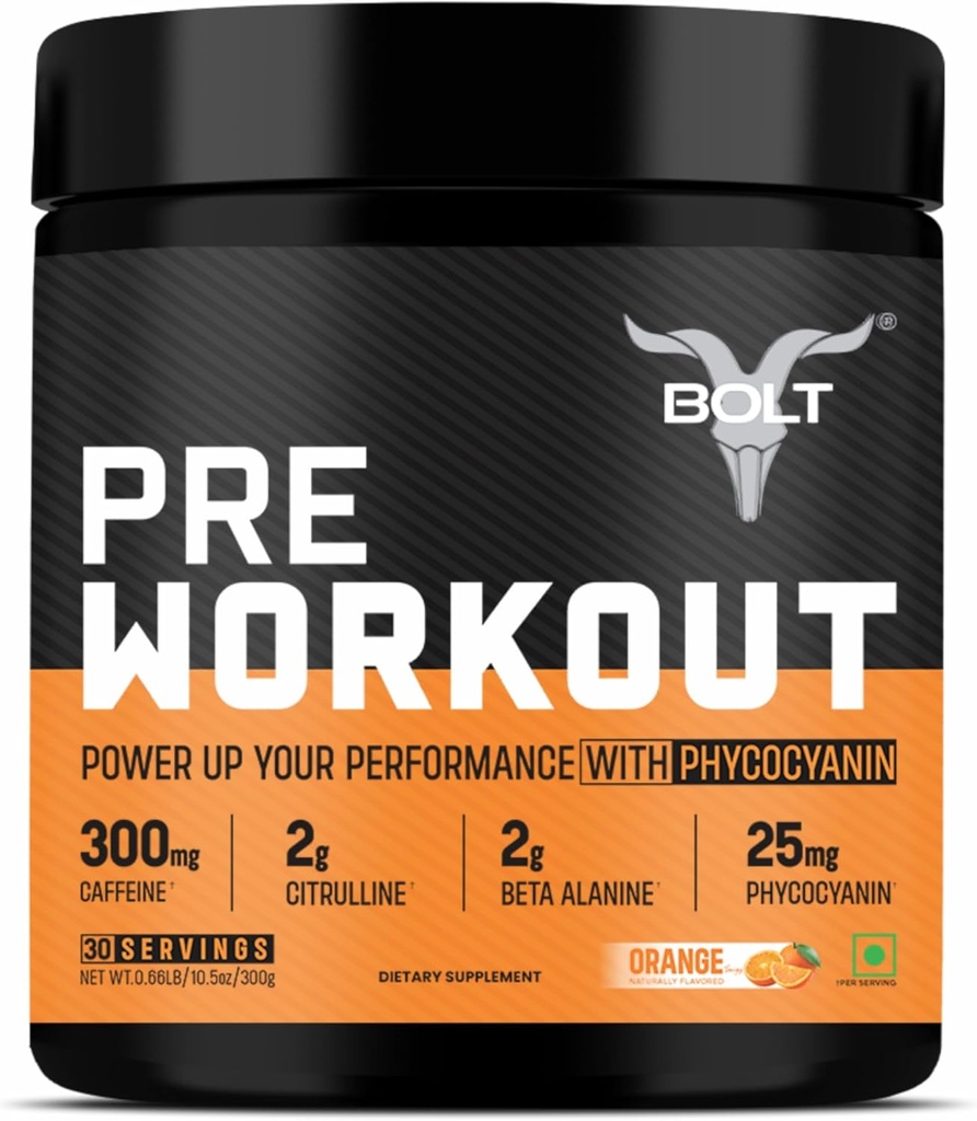 Bolt Pre Workout Dodatek s kofeinem, Citrulline Malate, B-Alanin, Taurin 124; Výbušná energie, Pump & Focus 124; 300g, 30 Služební 124; Tangy Orange