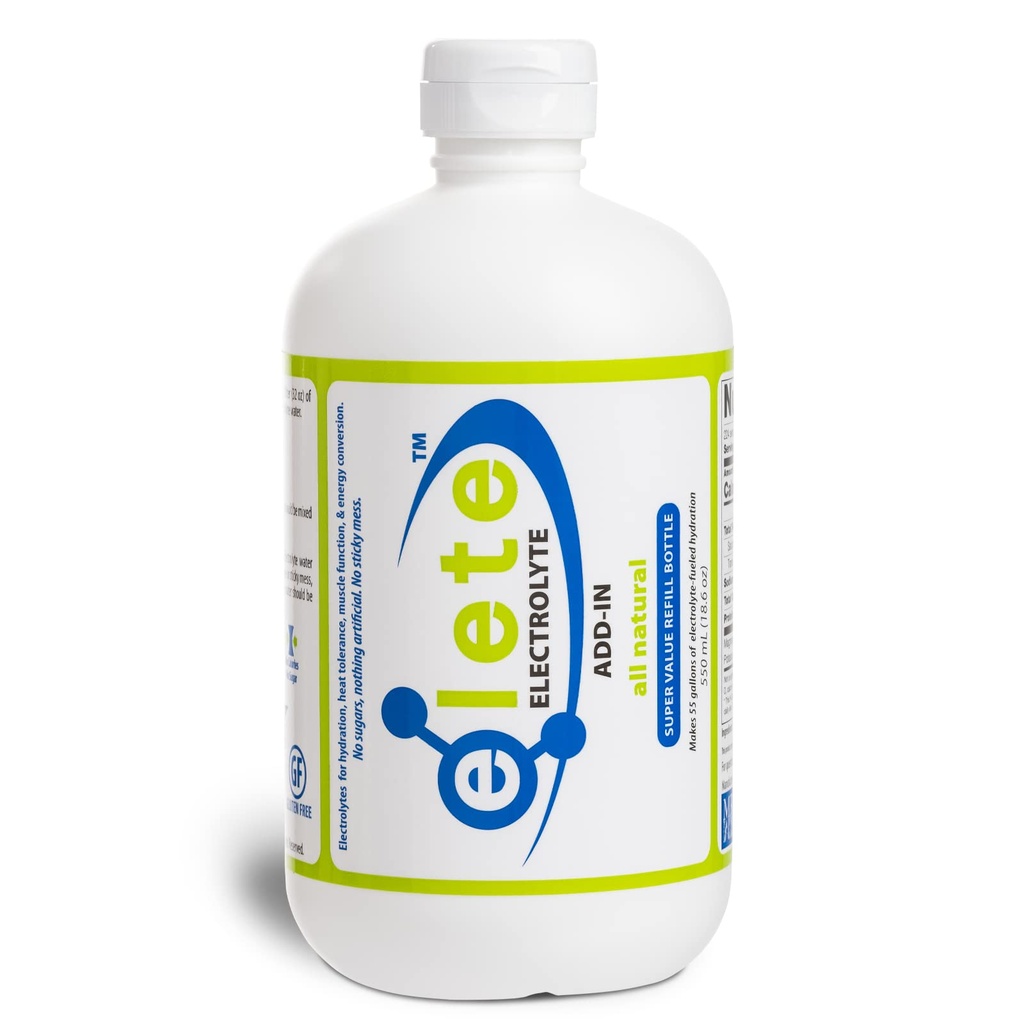 Elete Electrolyte Add- in Hydration Kapky 124; Sodík, hořčík, draslík a stopové minerály 124; Neochucené, Všechny přírodní AST 124; Nohy a svalové křeče Relief 124; Transform libovolný nápoj do sportovního nápoje, 18.6oz