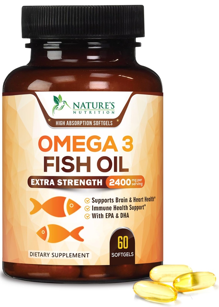 Omega 3 Fish Oil 2400 mg - Triple Strength EPA & DHA Fatty Acids for Heart, Brain & Joint Support - Wild- Caught, Burless, Lemon Flavor Supplement - Natural, Non- GMO, Gluten- Free - 60 Softgels