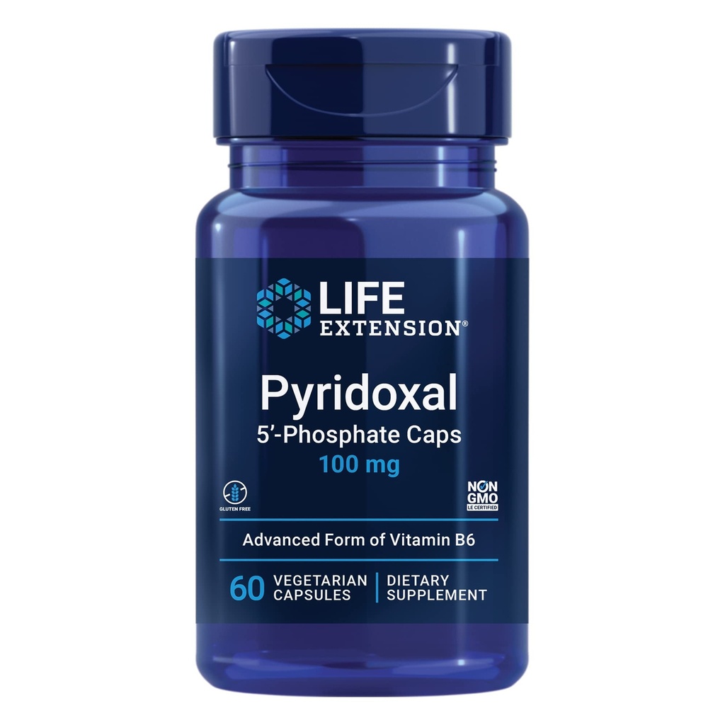 Life Extension Pyridoxal 5 '-Fosfát Caps - Vitamin B6, 100 mg, Bioactive B6 pro kardiovaskulární, ledvinové a nervové zdraví - Gluten- Free, Non- GMO, Vegetariánské - 60 Vegetariánské kapsle