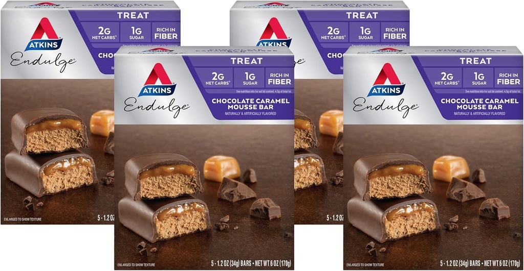 Atkins Endulge Čokoládový karamelový Mousse Bar, Dessert Favorite, 1g Sugar, High in Fiber, 5 Počet (balení po 4)