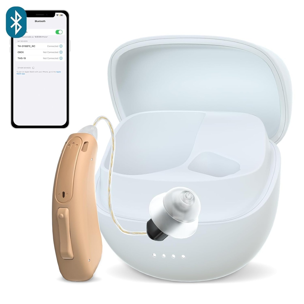RIC Jednorázová pomoc pro seniory, CUSTOM FIT Digital Over- The- Counter Dobíjení Tinnitus Masking Premium pomoc sluchu řešení pro dospělé, Téměř neviditelné Bluetooth Call Enabled, Auto- On, 1ks Levá strana
