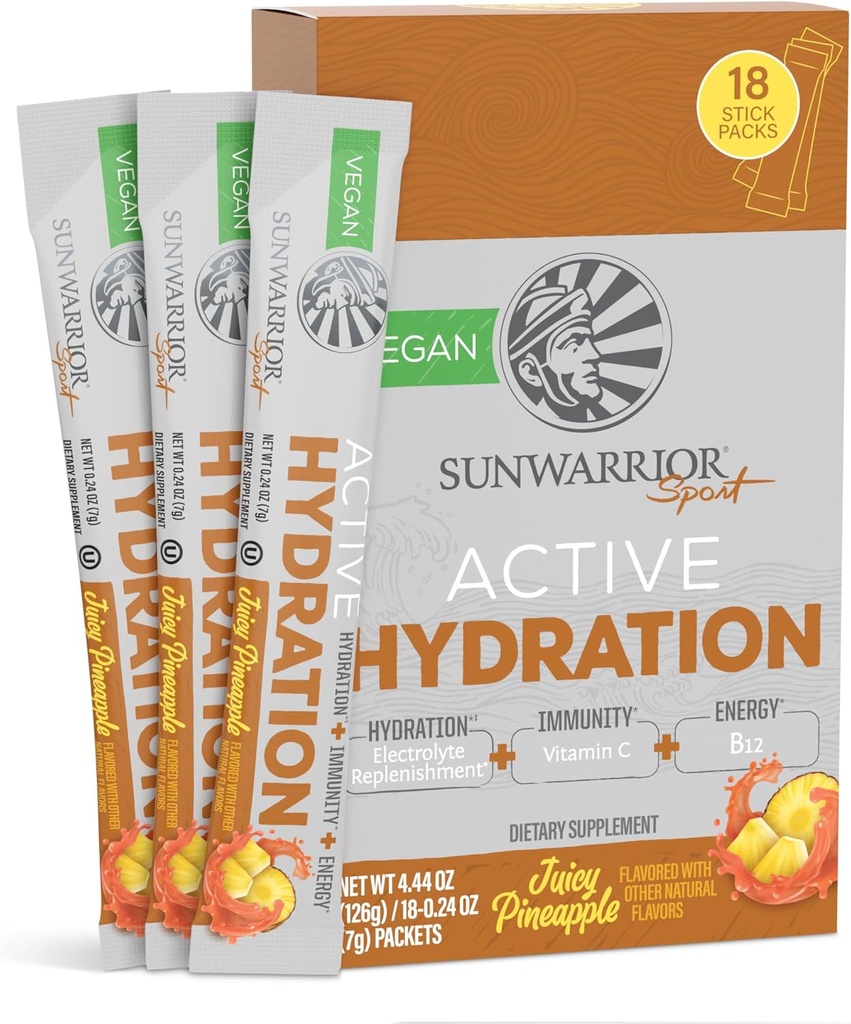Sunwarrior Hydration Powder Electrolyte Packets Powder B12 Elderberry Côte 124; šťavnatý ananas ochucený 18 Stick Packs 126g Pouch Côte 124; Vegan a Plant- based Sugar Free