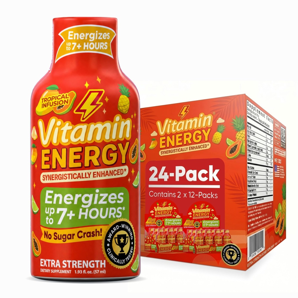 Vitamin Energy Focus + Extra Strength Energy Shot Tropical Infusion 24 Pack, 260mg přírodní kofein, B- vitaminy, CoQ10, aminokyseliny, Focus, Productivity & Clarity, Nulový cukr, gluten- Free, 1.93 fl oz