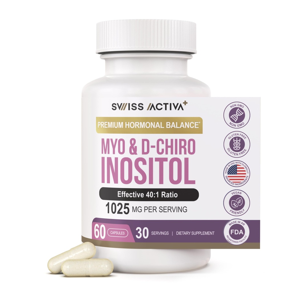 Švýcarská Activa + Labs Myo Inositol dodatek & D- Chiro Inositol dodatek - Premium Hormon Balance pro ženy & PCOS doplňky - Regulovat menstruační cyklus - Ovariální podpora - 30 dní dodávky