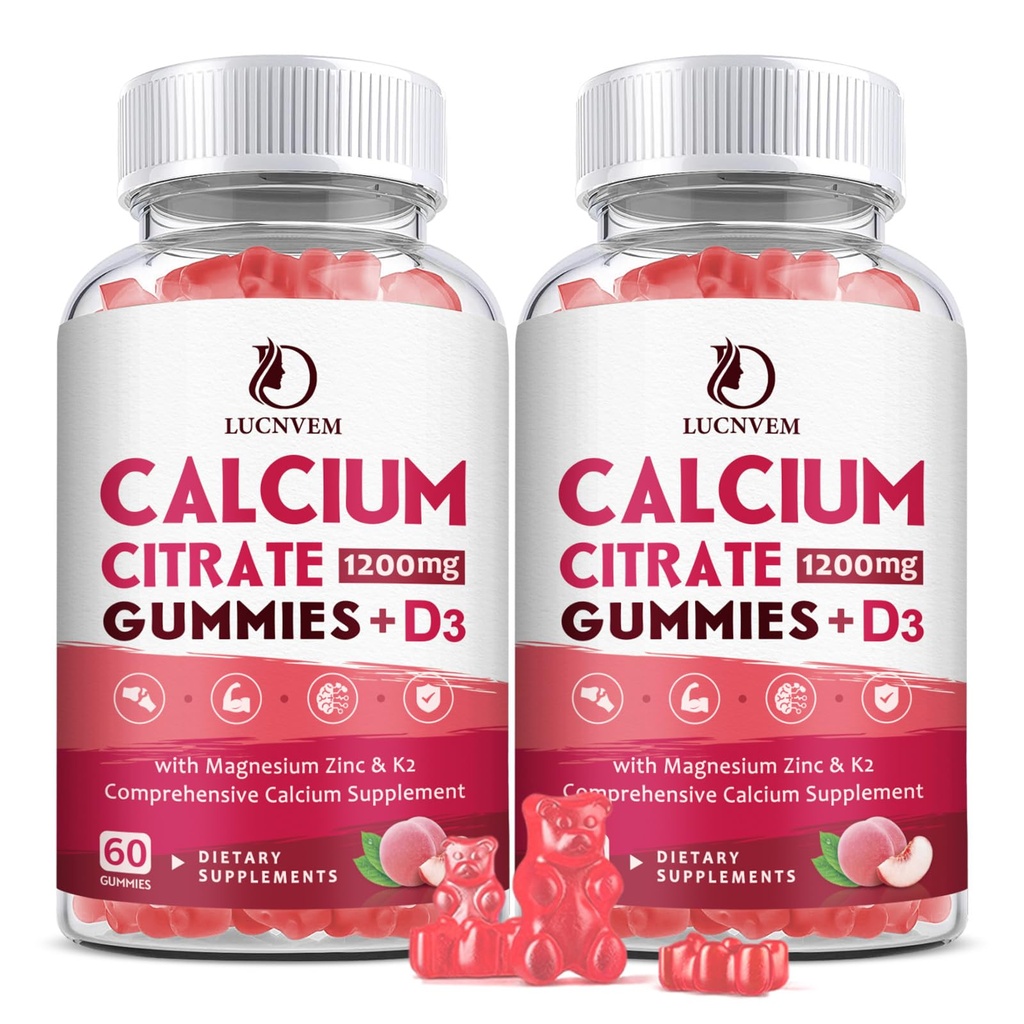 (2 Pack) Citrát vápenatý 1200mg s vitaminem D3 doplňky gumy pro ženy a muže, vápníkové gumy s vitaminem D3 K2, vysoká absorpce pro kostní svalstvo Healthy- Peach Flavor- 60 denní zásobování