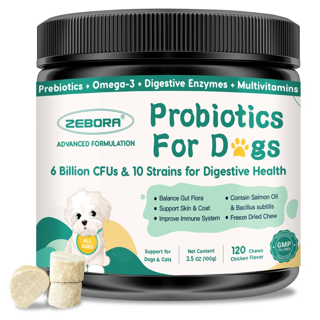Probiotika pro psy stravitelné zdraví, pes probiotika a trávicí enzymy, Prebiotika, Omega-3 & 6 a vitamin pro psy, 6 miliard CFU pro Gut zdraví a imunitní podporu, 120 Žvýkačky