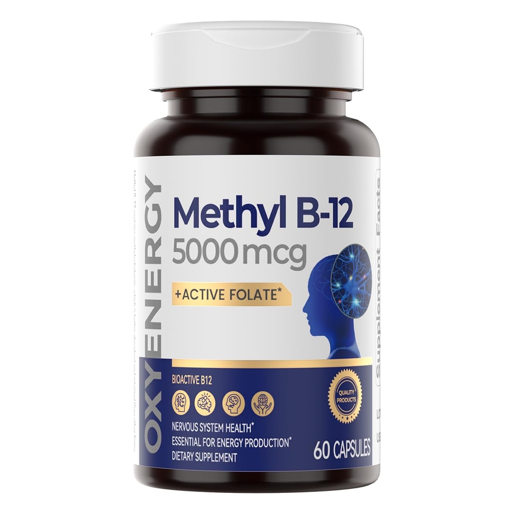 OxyEnergy methyl vitamin B12 5000mcg, Extra síla methylkobalamin B-12 Doplňky s folátem, Podpora Nervy, Energetický metabolismus a kognitivní, 60 Kapsle