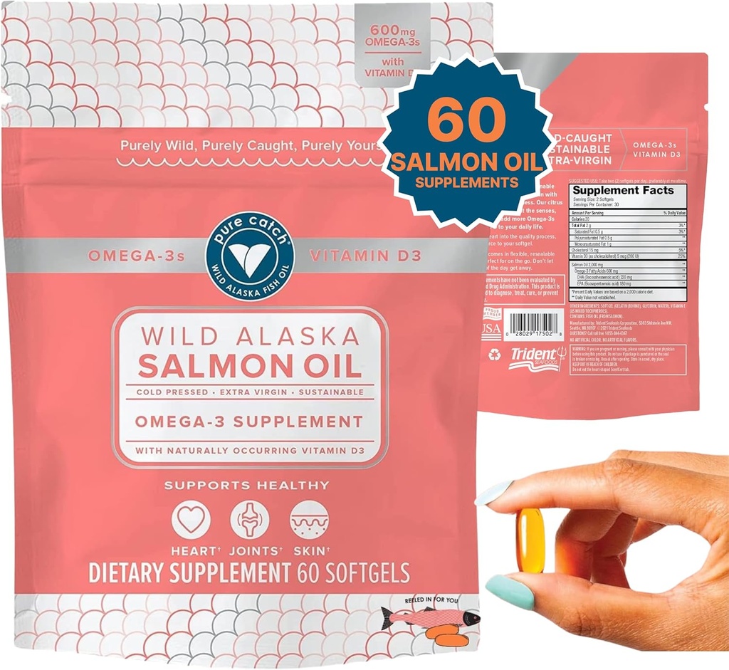 Trojzubec Seafoods Rybí olej z volné přírody pro ženy + vitamín D3 - Omega33 Salmon Rybí olej dodatek - EPA a DHA - 60 Count Daily Citrus Soft Gel - Společná podpora, kůže, a srdce zdraví