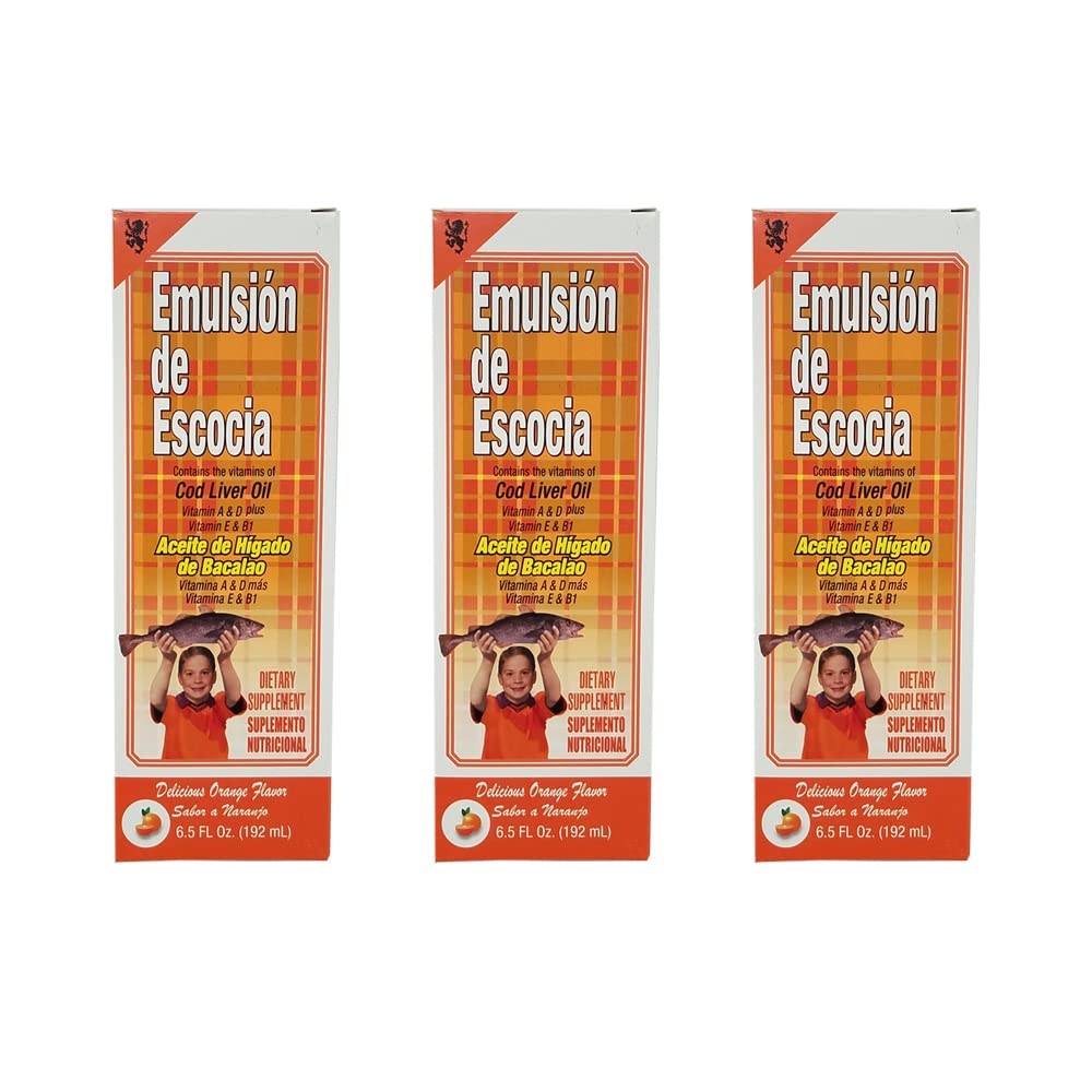 Emulsion de Escotia. Cod Játra olej doplněk stravy. Bohaté na vitamíny A, D, E a B1. Oranžová ochucená. 6.5 Fl.Oz / 192 ml. Balení po 3 ks