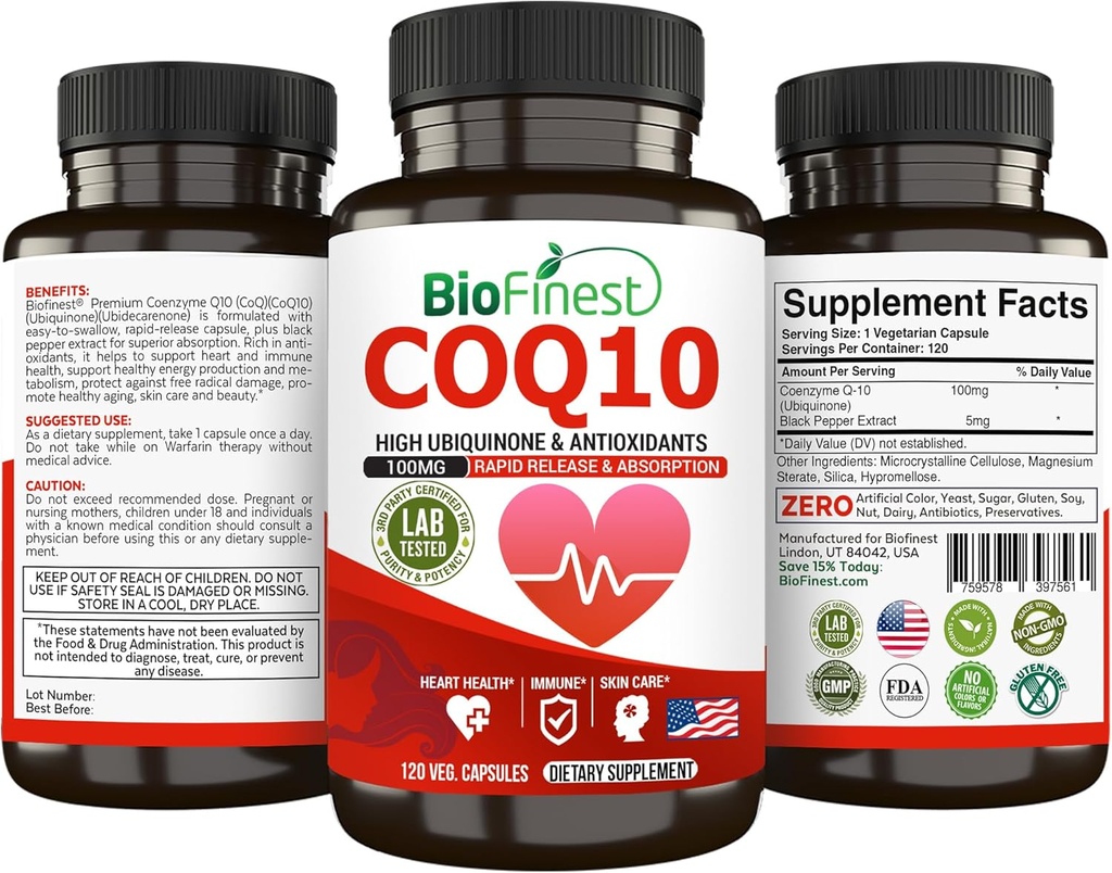 BioFinest CoQ10 Koenzym Q10 100mg dodatek - rychlé uvolnění rychlé absorpce - imunitní srdce Energie Antioxidant (120caps)