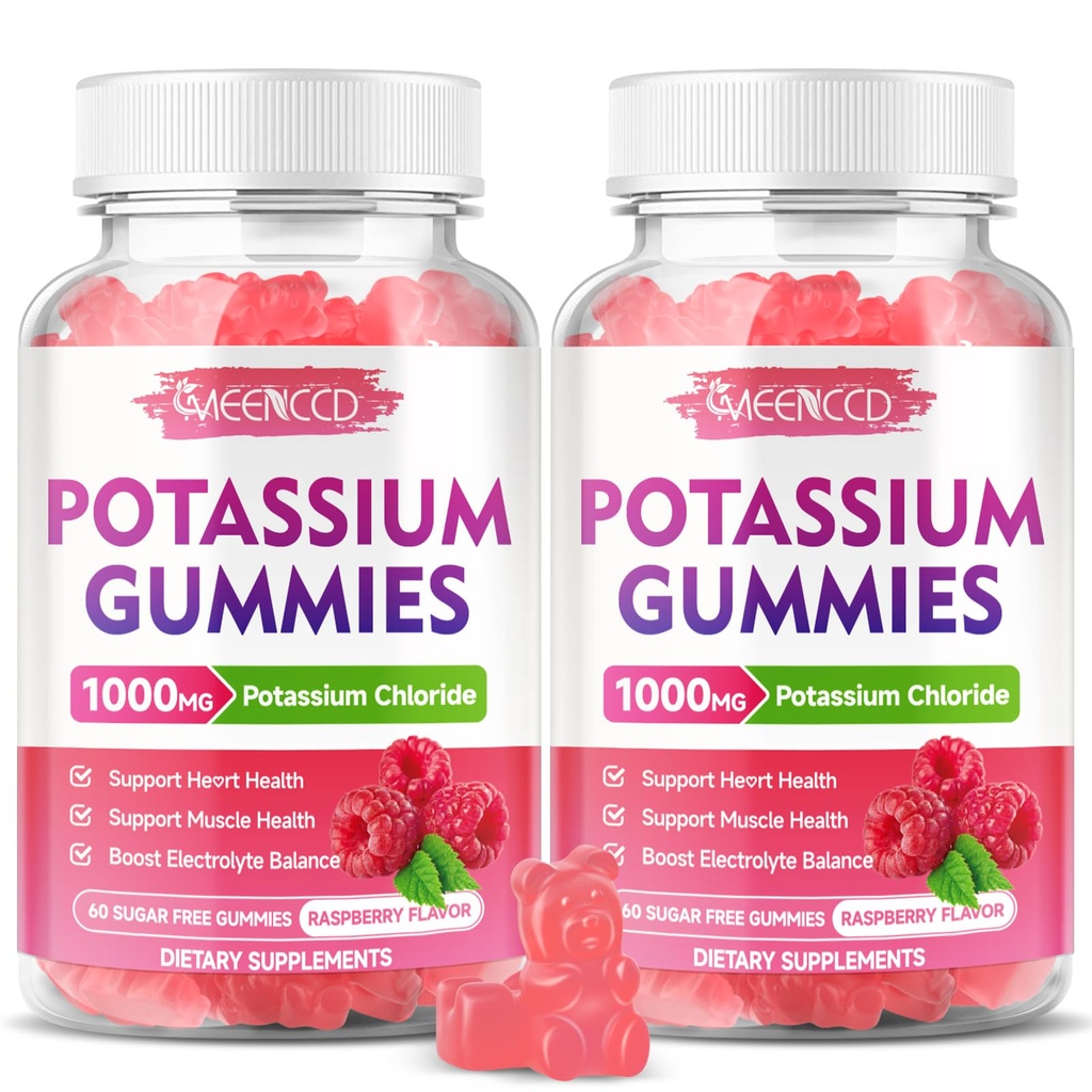 2 Pack draselné gumy, chlorid draselný 1000mg pro dospělé, Sugar- Doplněk draselný gumy podporují rovnováhu elektrolytů a nohy křeče pro ženy a muže, Malina Flavor, 120 Počet