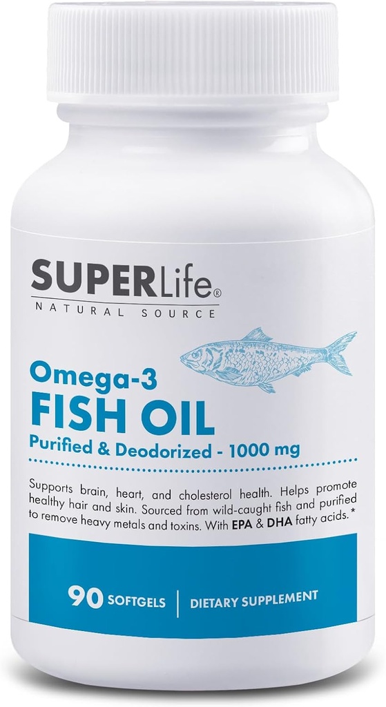 Omega-3 Rybí olej - 1000 mg purifikovaný a deodorovaný z volně žijících ryb s EPA & DHA mastnými kyselinami CLAS124; Podporuje srdce, mozek, vlasy & kůže zdraví 124; dodatek - 90 Softgels