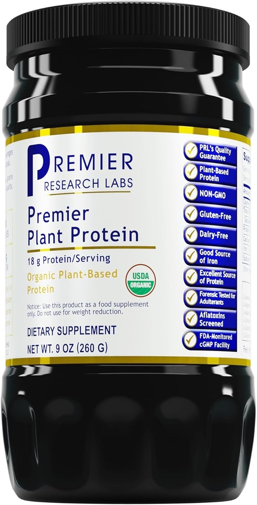 Premier Research Labs Plant Protein - Vegan Plant Based Pea Protein Powder, Organic, Dairy Free, Gluten Free, No umělé Flavors, Vegetarian, Obsahuje dýně a rýžové bílkoviny - 9 Oz