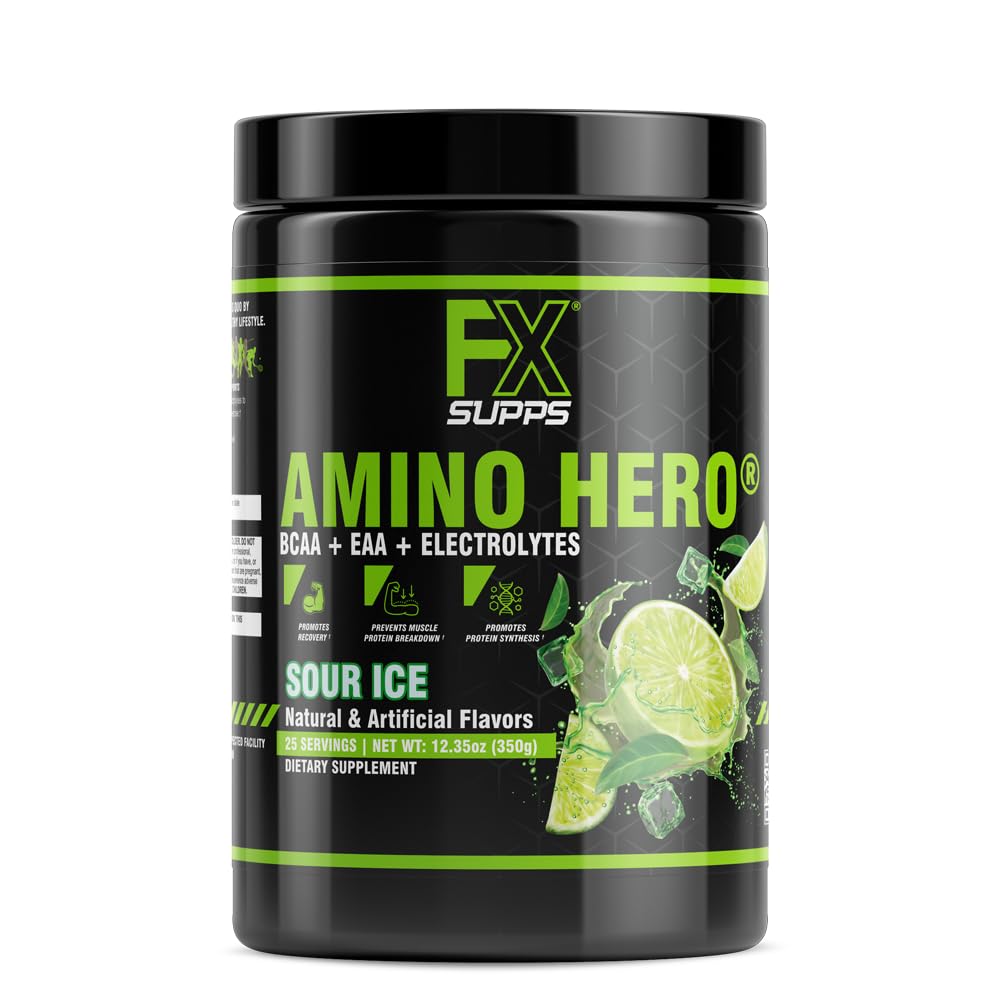 FXSUPPS Amino Hero Sour Ice Flavor (25 Služeb) 124; Post- Workout Recovery drink pro muže a ženy 124; Energy Powder Mix s BCAA, EAA, a Electrolytes Ice 124; Promotes Endurance a zdravé svaly - 1 balení