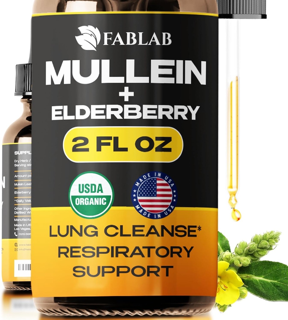 FabLab Mullein Leaf Extract with Elderberry 2 Fl Oz - Made in USA - Drops for Better Lung - Mullein tinktura pro Lung Detox - Bronchial Clearse for Smokers - Respirační bylinný dodatek