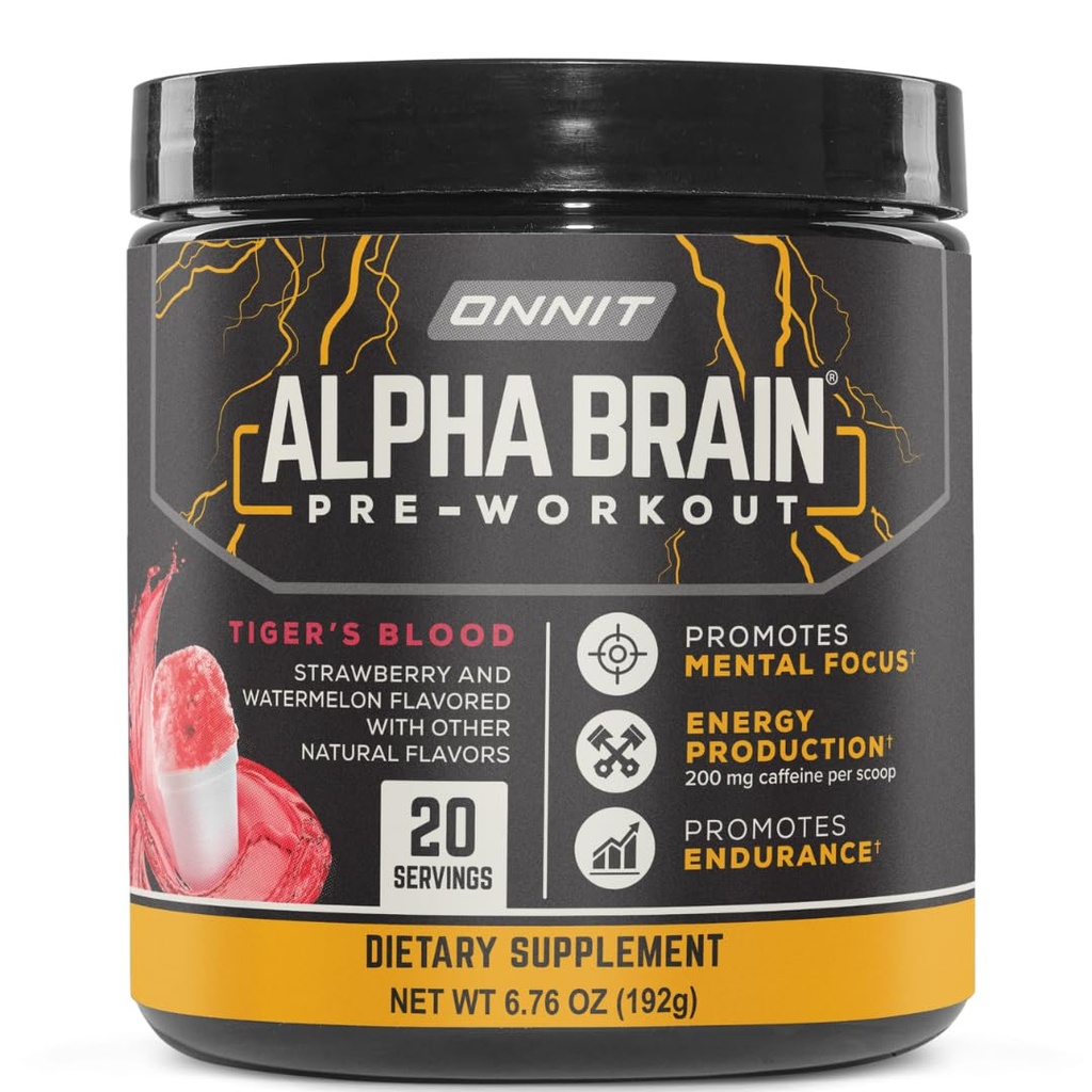 ONNIT Alpha Brain Pre- Workout Powder, IGEN ™ Non- GMO Testováno, Tiger 's Blood Flavor, Pre- Workout Dodatek pro ženy a muže, Dietní dodatek, 20 Služební per Tub, 6.76 oz