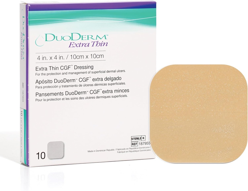 ConvaTec DuODERM Extra Thin Control Gel Formule 4 "x4" Hydrokoloidní sterilní adhesivní dresing pro superficial wounds, Low Friction, Latex- Free, Waterproof, Square, Beige, 10ct Box