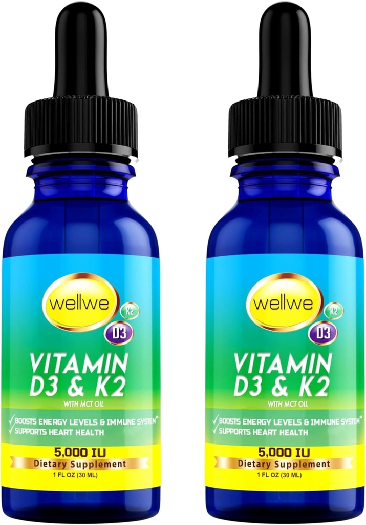 2 Lahvička tekutý vitamin D3 K2 Kapky 5000 IU s MCT olejem - Vegan tekutý vitamín D dodatek k zvýšení energetické hladiny, nálady a imunitní systém, bez příchutí, žádný zápach, gluten-free, Non- GMO, 2 Fl Oz